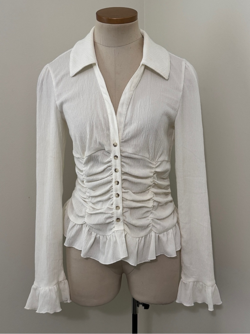 Maeve White Ruched Button-Down Blouse - Picture 2 of 7